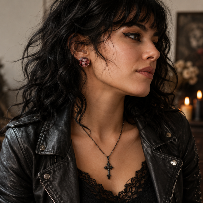 Boucles d'oreilles La Dame aux Roses de Cendre portées – Style gothique romantique Femme brune au style rock gothique portant les boucles d'oreilles La Dame aux Roses de Cendre.
