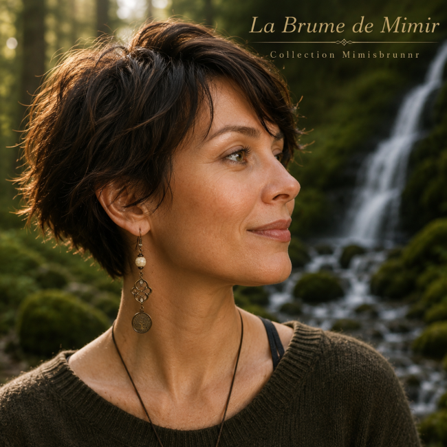 Mise en situation réaliste des boucles d’oreilles La Brume de Mimir portées avec une tenue contemporaine. Un bijou artisanal inspiré des légendes nordiques, mêlant laiton bronze vieilli, nœuds celtiques et Arbre de Vie nacré blanc.
