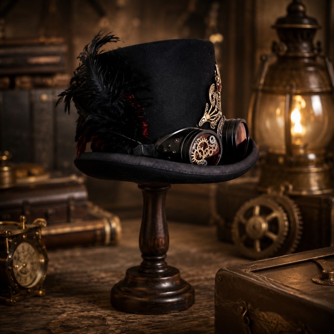 Chapeau steampunk Cyrus noir avec lunettes rétro rouges et plumes Chapeau steampunk artisanal noir avec lunettes rétro rouges, plumes noires et détails mécaniques. Pièce unique à l’esthétique victorienne rétro-futuriste.