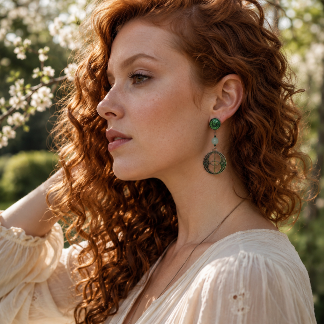 Découvrez les boucles d'oreilles vikings Nerthus de la collection L'Alliance Primordiale portées dans un univers bohème printanier. Cabochons émaillés à la main, jade naturel et symbolisme nordique s'unissent dans une création artisanale unique inspirée d