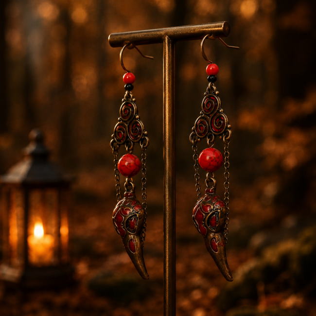 Boucles d’oreilles fantasy nordique – Présentation artisanale Boucles d’oreilles longues artisanales exposées sur support dans une ambiance forêt nordique et cabane de Völva. Triskels rouges, howlite rouge et têtes de corbeau bronze pour un style gothique élégant et mystique.
