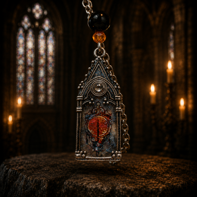 Zoom sur un pendentif reliquaire gothique Lucerna Mortis aux détails rouges mystiques dans une cathédrale gothique éclairée à la bougie.  Description SEO :