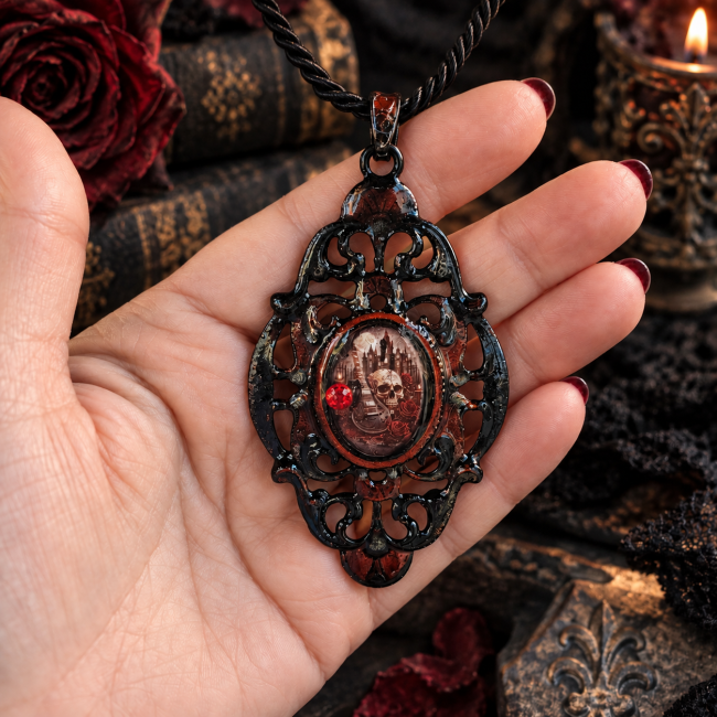 Bijou gothique artisanal Les Roses de la Cathédrale Noire présenté en main