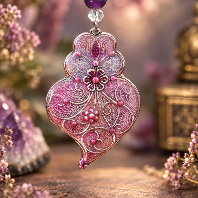 Le gros plan met en lumière les gravures florales, les détails délicats et l’émaillage transparent brillant du pendentif du Voile de Fulla, création artisanale d’art.