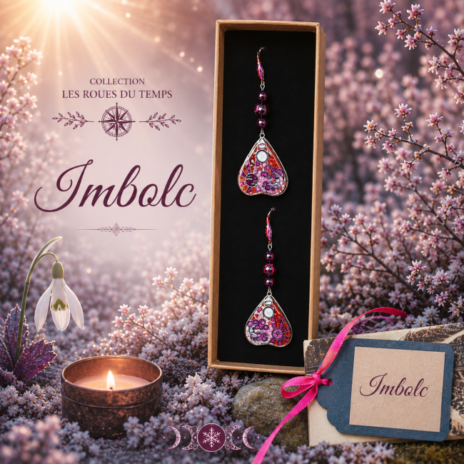 Mise en scène féerique des boucles d’oreilles Imbolc de la collection Les Roues du Temps. Bijoux artisanaux émaillés à la main aux teintes rosées et pourpres, inspirés du sabbat wiccan célébrant le réveil de la lumière au cœur de l’hiver.