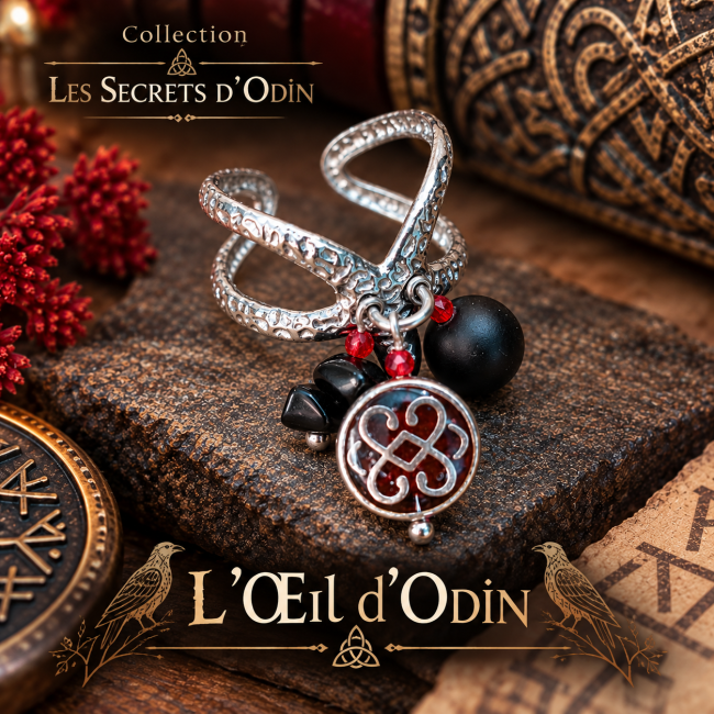 Bague viking L’Œil d’Odin en onyx – Les Secrets d’Odin Bague viking L’Œil d’Odin ornée d’onyx noir et de détails rouges, création artisanale inspirée de la mythologie nordique, collection Les Secrets d’Odin.