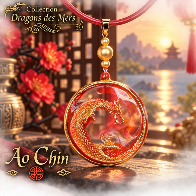 Collier Ao Chin avec dragon doré en relief sur médaillon rouge émaillé, collection Dragons des Mers