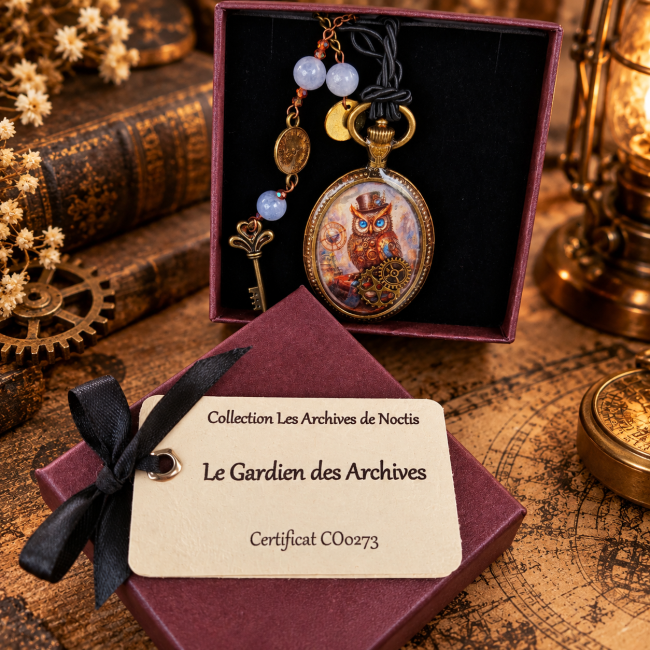 Présentation du Gardien des Archives, médaillon réversible steampunk face Chouette, accompagné de son écrin et de son certificat CO0273. Une pièce artisanale originale mêlant chouette, engrenages, inspiration vintage et imaginaire fantastique.