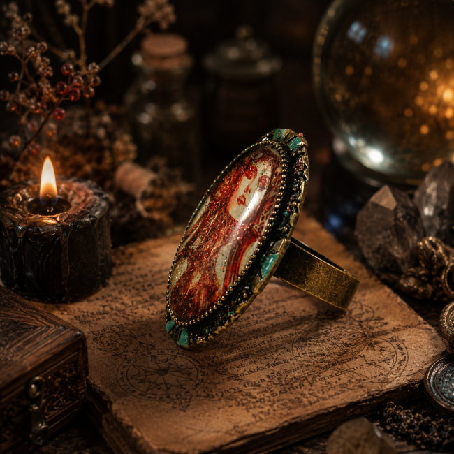 Vue de profil de La Prêtresse Écarlate, mettant en valeur l’épaisseur du médaillon ovale, son travail de ciselure, ses détails turquoise et la structure réglable de la bague.