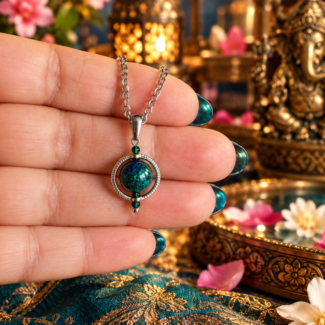 Tsukuyomi – Perle en chrysocolle et chaîne argentée Perle en chrysocolle du collier Tsukuyomi, associée à des éléments en acier inoxydable argenté.
