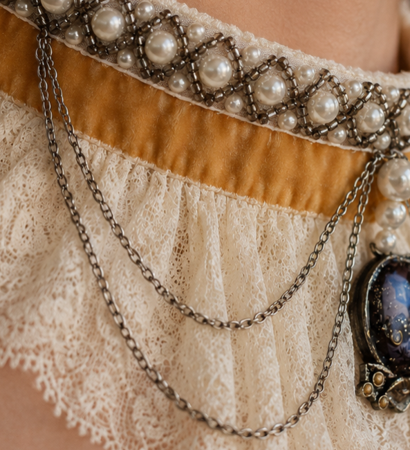 Gros plan sur les détails du collier L’Étoile de Rhiannon, mettant en valeur la véritable dentelle de Calais, les chaînettes en acier inoxydable argenté et les perles nacrées brodées à la main.