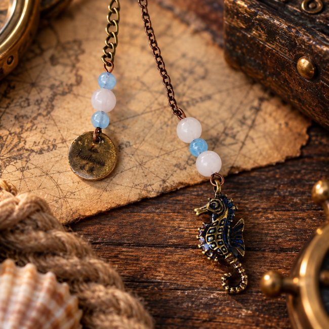 Détail de la chaînette arrière ornée de perles aux nuances douces, d'une médaille et d'un hippocampe. Une finition originale qui souligne l'inspiration maritime de cette pièce unique.