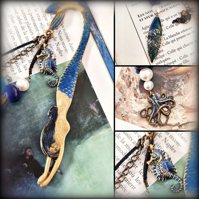 Détails du marque-page sirène Terpsichore avec breloques océaniques émaillées et suspension artisanale