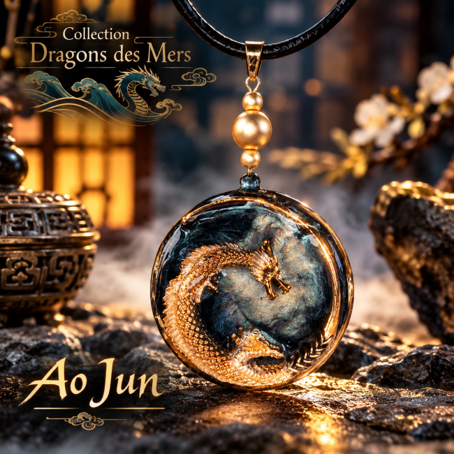 Collier Ao Jun avec médaillon transparent représentant un dragon chinois, création artisanale Les Fantaisies d’A