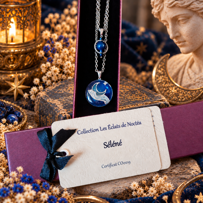 Collier Séléné présenté dans son écrin avec le certificat C0219 de la collection Les Éclats de Noctéa.