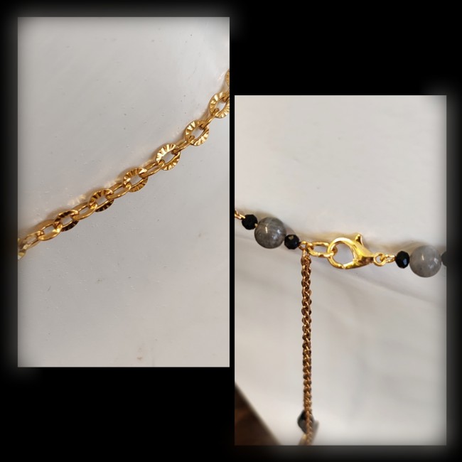 Chaîne et fermeture du collier Wedjat – Bijou artisanal doré avec chaînette d’extension | LES FANTAISIES D'A Chaîne fantaisie dorée du collier Wedjat avec fermoir mousqueton et chaînette d’extension décorative, bijou artisanal fait main élégant et protecteur