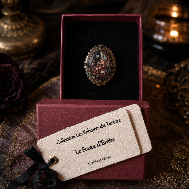 Le Sceau d’Érèbe – Bague gothique en laiton dans son écrin Découvrez Le Sceau d’Érèbe, une bague gothique en laiton ornée d’un cabochon aux crânes mystérieux, présentée dans son écrin.