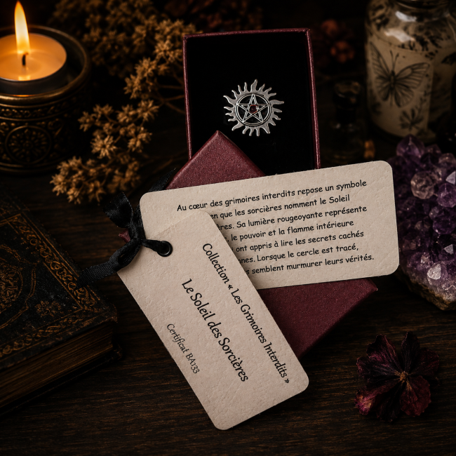 Écrin et carte d’identification Le Soleil des Sorcières Écrin de la bague Le Soleil des Sorcières avec carte d’identification et certificat d’authenticité