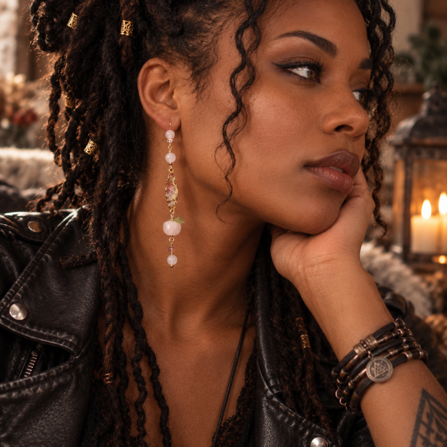 Le Fruit d’Éternité porté – Boucle d’oreille viking en quartz rose Boucle d’oreille Le Fruit d’Éternité portée par une femme au style rock, avec quartz rose et ornement émaillé artisanal