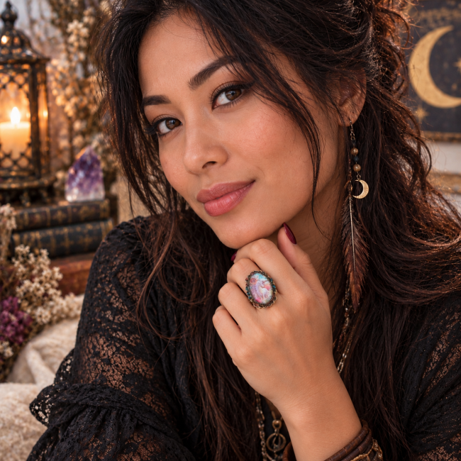 Bague artisanale La Licorne des Lunes Perdues portée par une femme dans un univers mystérieux et onirique, création Les Fantaisies d’A.