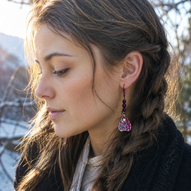 Femme aux cheveux châtains nattés portant les boucles d’oreilles Imbolc de la collection Les Roues du Temps, bijou ésotérique inspiré du sabbat wiccan de fin d’hiver.