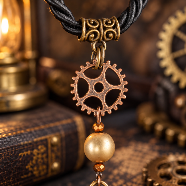 Détail artistique du système décoratif du Cœur de la Licorne, avec son rouage métallique, ses perles aux reflets dorés et ses éléments bronze. Une composition inspirée de l’univers steampunk et de l’art mécanique.