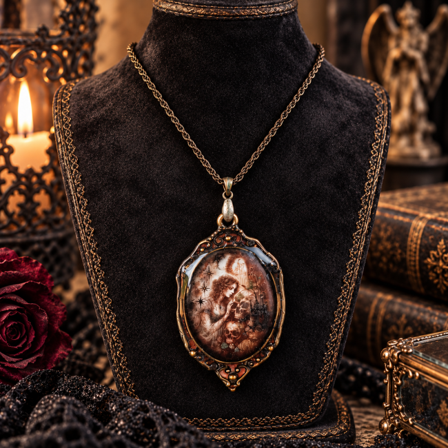 Collier gothique femme La Gardienne des Souvenirs présenté sur présentoir noir, création artisanale exclusive
