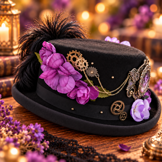 Chapeau Mina – Vue du côté gauche Chapeau Mina vu du côté gauche avec grande fleur lavande, fleurs violettes, chaînes et ornements métalliques