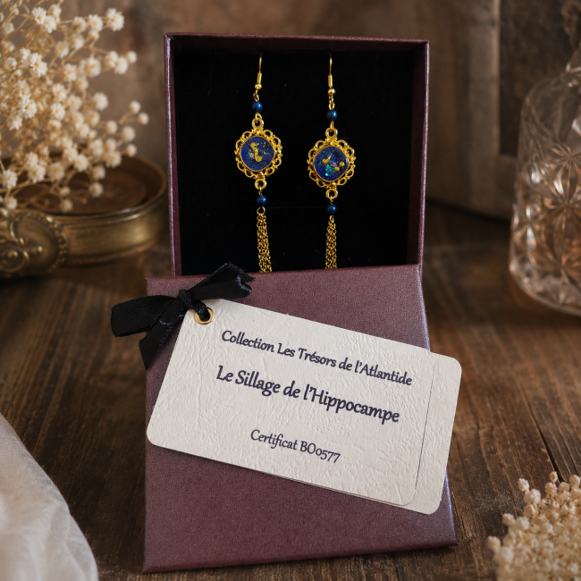 Coffret cadeau Le Sillage de l'Hippocampe – Les Trésors de l'Atlantide Boucles d'oreilles Le Sillage de l'Hippocampe présentées dans leur écrin avec carte d'identification, prêtes à offrir.