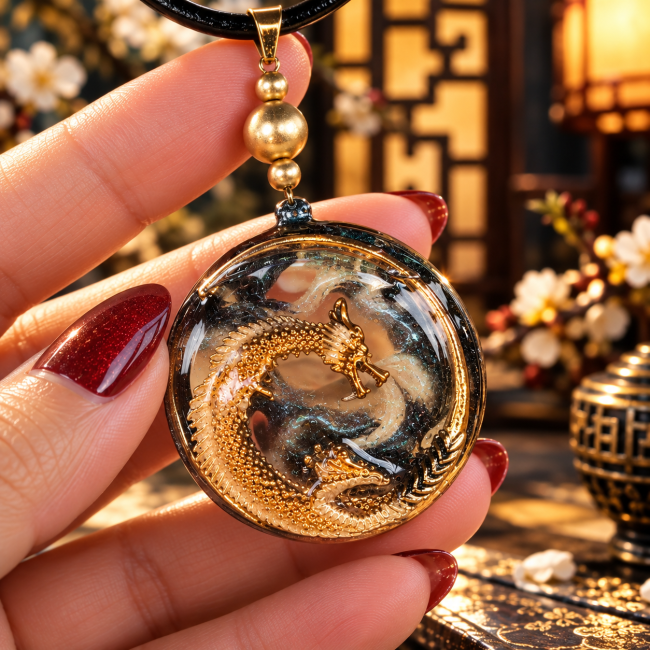 Médaillon translucide du collier Ao Jun avec dragon chinois doré et détails artisanaux