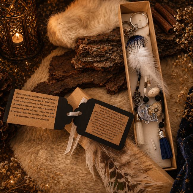 Porte-clés artisanal Le Chat de la Lune présenté dans un élégant coffret cadeau aux inspirations lunaires et bohèmes.