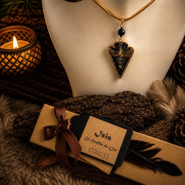 Présentation du collier Isis Souffle du Ciel dans son coffret cadeau personnalisé. Bijou artisanal en lapis-lazuli avec pendentif bleu nuit et or translucide inspiré des mystères de l’Égypte antique.