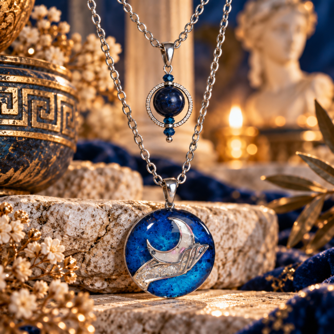 Détail du collier Séléné avec pendentif rond bleu étoilé, motif de croissant de lune et chaîne argentée artisanale.