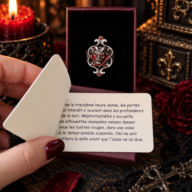 Écrin et légende de la bague Le Bal de Méphistophélès Écrin ouvert du bijou Le Bal de Méphistophélès avec sa carte de légende, révélant l’univers mystérieux de la collection gothique Les Heures Infernales.