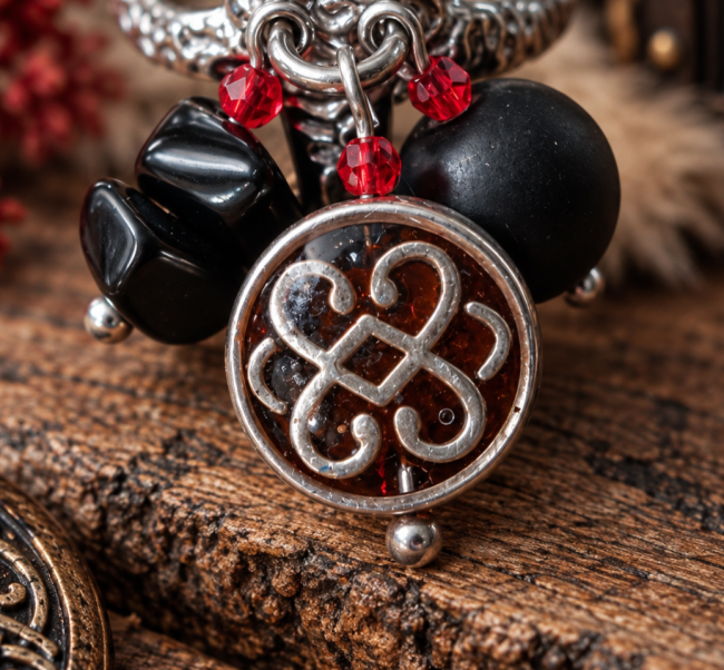 L’Œil d’Odin – Détails de la bague viking en onyx Gros plan sur les détails de L’Œil d’Odin : onyx noir, perles rouges et médaillon aux motifs nordiques, mettant en valeur le travail artisanal du bijou.