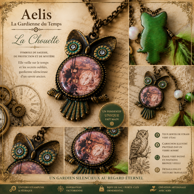 Collage vintage présentant un pendentif chouette steampunk bronze et vert issu du porte-clés Aelis La Gardienne du Temps.