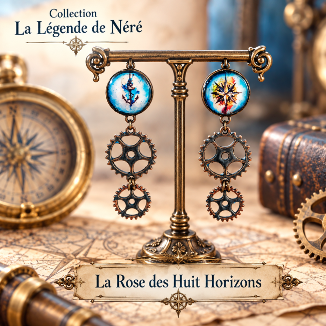 Boucles d’oreilles La Rose des Huit Horizons en style steampunk avec engrenages et cabochons émaillés