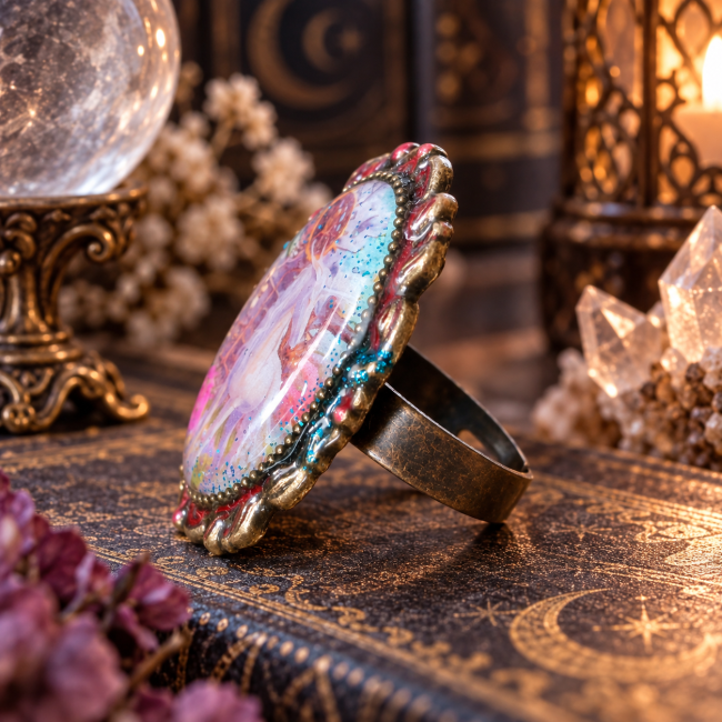 Bague La Licorne des Lunes Perdues vue de profil avec son anneau