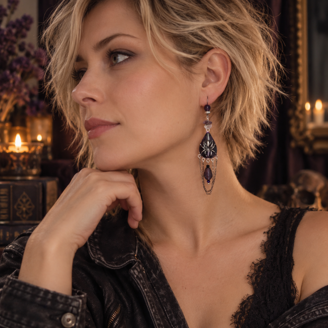 Boucle d’oreille gothique La Toile de Clotho portée par une femme, ornée d’améthyste et d’émail transparent