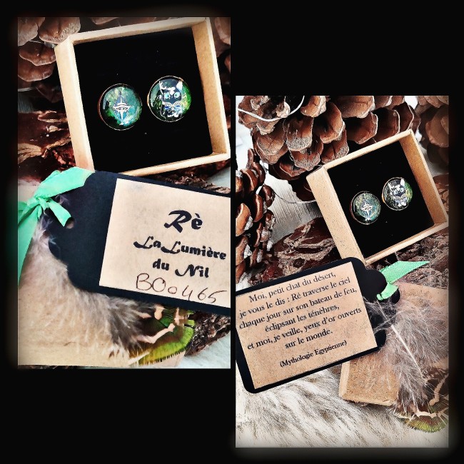 Boucles d’oreilles Ré – Écrin personnalisé et carte numérotée | Les Fantaisies d'A Boucles d’oreilles Ré dans leur écrin personnalisé avec carte d’identification numérotée – Collection Égypte Antique