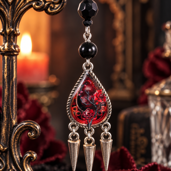 Boucles d’oreilles gothiques L’Épine d’Obsidienne – face arrière du médaillon Face arrière d’une boucle d’oreille gothique L’Épine d’Obsidienne, médaillon émaillé artisanalement, perles d’obsidienne noire véritable et trois pointes