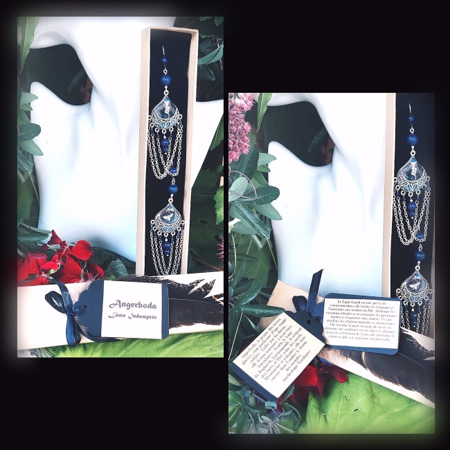 Boucles d’oreilles artisanales en acier argenté, avec écrin personnalisé, carte numérotée et lithothérapie. Bijoux nordiques faits main en hommage à Angerboda.