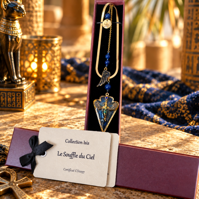 Le Souffle du Ciel avec son écrin et sa carte d’identification Collier artisanal Le Souffle du Ciel présenté dans son écrin avec sa carte d’identification, dans un décor inspiré de l’Égypte ancienne.