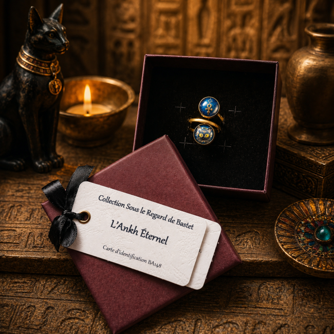 L’Ankh Éternel – Écrin et certificat d’authenticité BA148 Bague L’Ankh Éternel dans son écrin avec certificat d’authenticité numéroté BA148