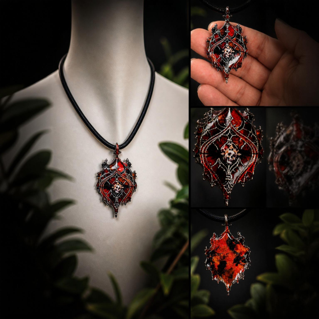 Collier gothique Calvéraëlle zoom sur le pendentif gothique rouge noir 