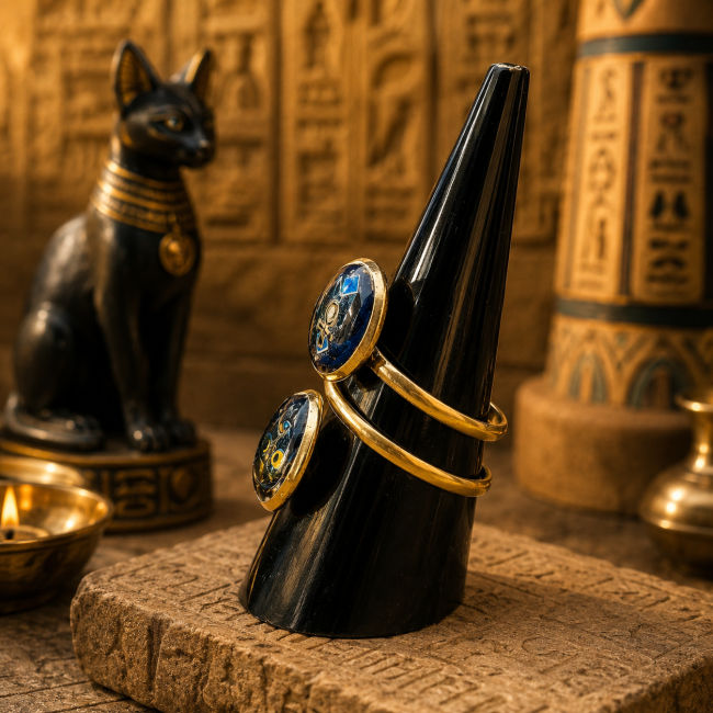 L’Ankh Éternel – Vue de profil de la bague égyptienne Bague L’Ankh Éternel vue de profil avec ses deux cabochons émaillés bleu indigo et sa monture dorée