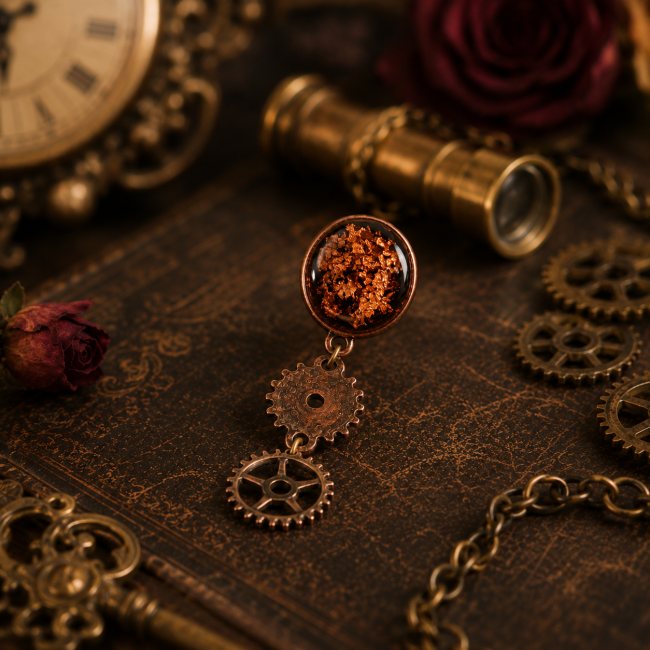 Les Rouages de l'Espérance – Boucle d'oreille en détail Boucle d'oreille steampunk Les Rouages de l'Espérance posée sur une table dans un décor romantique steampunk