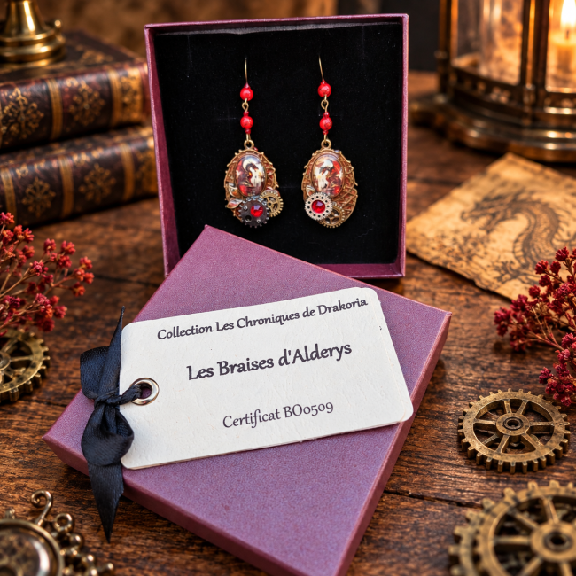 Les Braises d’Alderys – Boucles Dragon Artisanales dans leur Écrin Les Braises d’Alderys présentées dans leur écrin avec leur carte d’identification, une création artisanale dragon inspirée des univers victorien et steampunk.