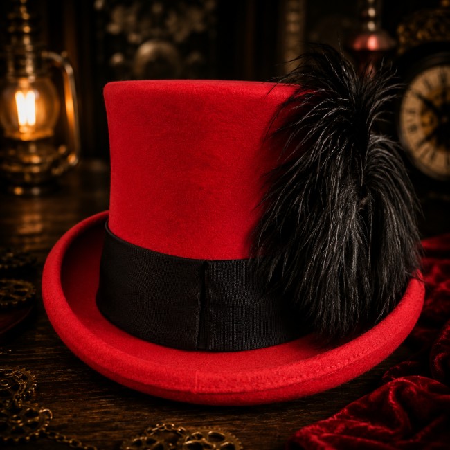 Vue arrière chapeau steampunk rouge – Haut de forme gothique artisanal Découvrez la vue arrière du chapeau steampunk Dr Jekyll : un haut de forme rouge artisanal sublimé par des plumes noires élégantes dans une ambiance victorienne immersive et gothique.