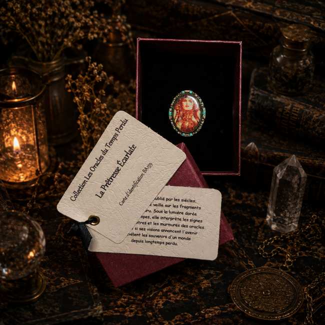 La Prêtresse Écarlate présentée dans son écrin avec sa carte d’identification, au cœur d’un décor mystique évoquant les anciens oracles et les secrets oubliés.